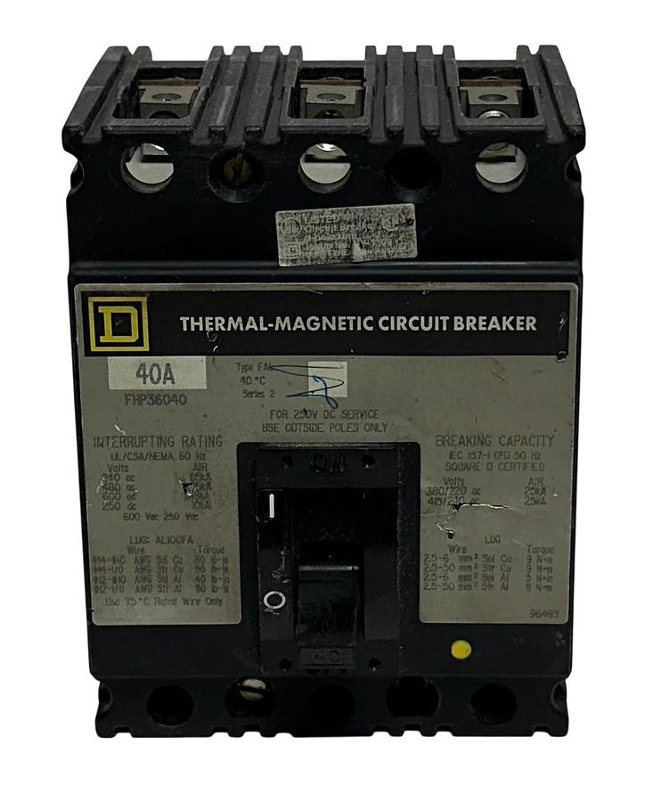 Used SQUARE D FHP36040 THERMAL-MAGNETIC CIRCUIT BREAKER 40A 600VAC/250VDC USNP