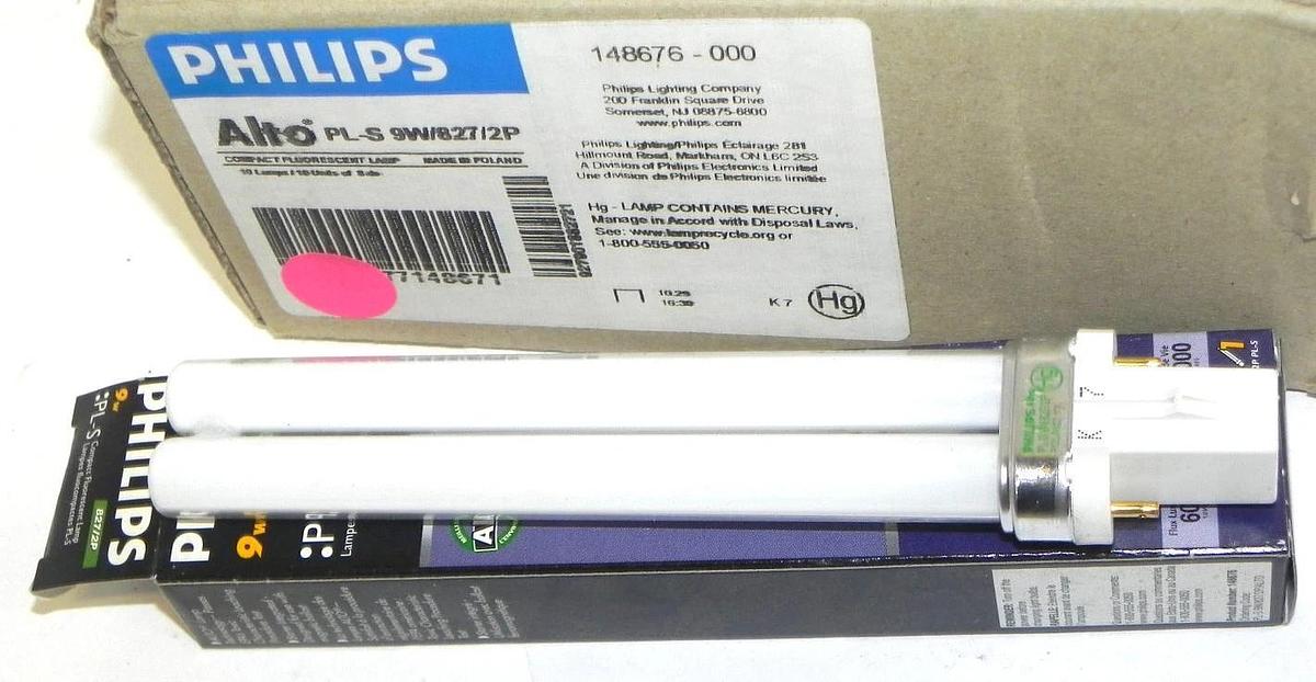 Used LOT OF 6 NIB PHILIPS PL-S COMPACT FLUORESCENT LAMPS 827/2P, 9 WATTS 10000 HRS
