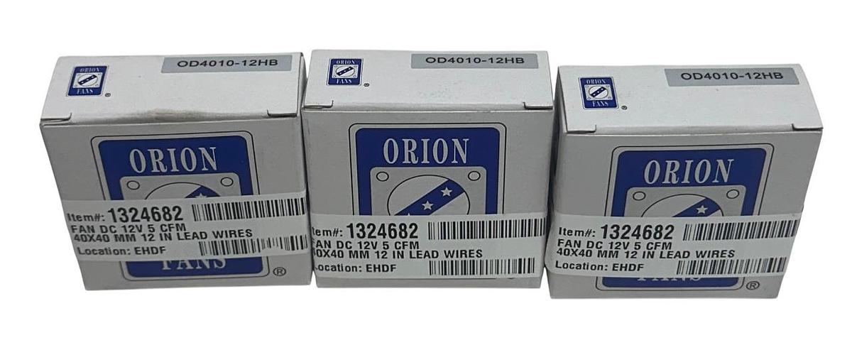 Used 3 ORION OD4010-12HB / OD401012HB DC AXIAL FANS 12VDC 5CFM 40mm 12'' WIRE NSMP