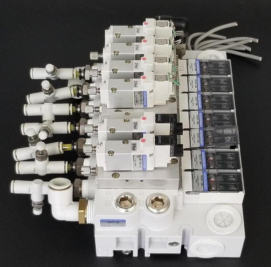 Used KOGANEI PBM7P-3W SOLENOID VALVE BLOCK, GA110E1-PSL-1L-7W, PB24C-38W, PB24C-39W