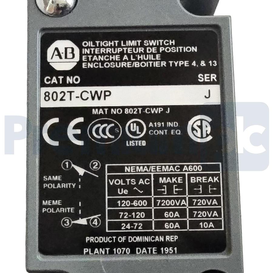 Used Allen-Bradley 802T-CWP /J Limit Switch Cat Whisker Plug-In Heavy Duty 2-Pos NSMP