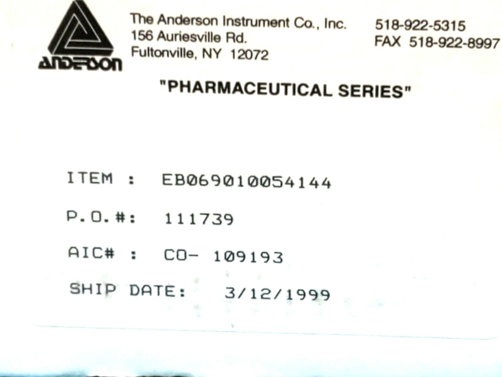 Used NIB ANDERSON INSTRUMENTS EB069010054144 PHARMACEUTICAL GAUGE 0-60PSI
