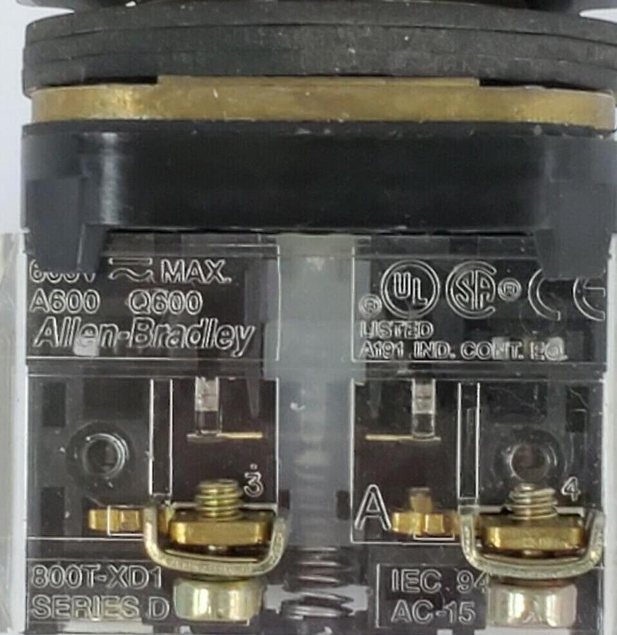 Used ALLEN BRADLEY 800T-A PUSHBUTTON SER. T W/ 800T-XD1 SER. D CONTACT BLOCK W/ PLATE