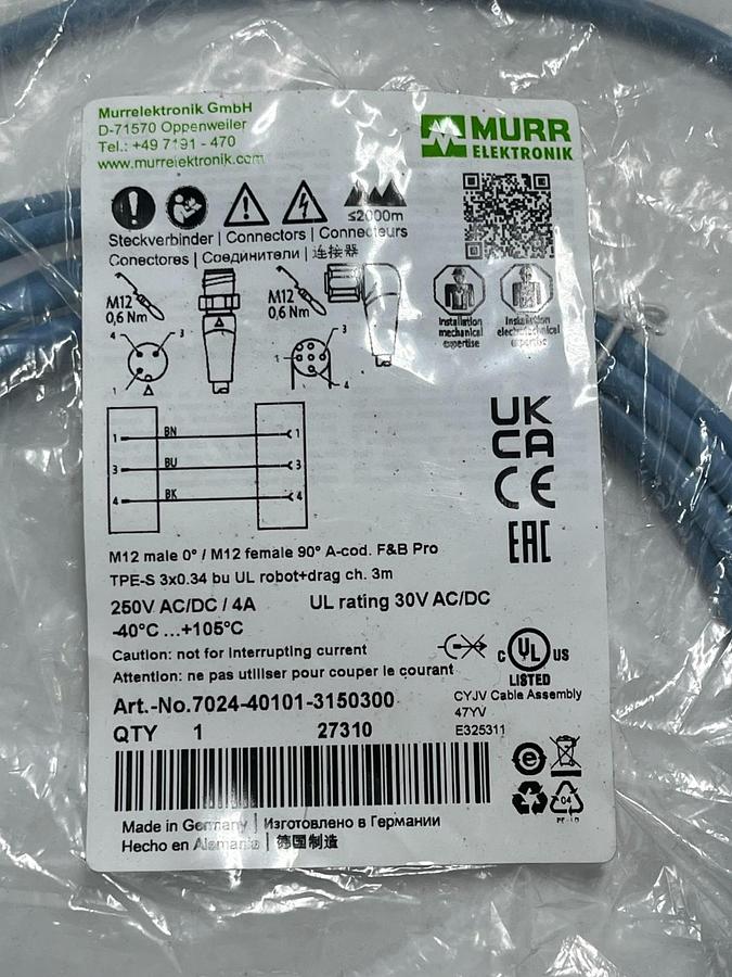 Used MURR ELEKTRONIK 7024-40101-3150300 M12 Cordset Male-Female 90° 3m F&B Pro