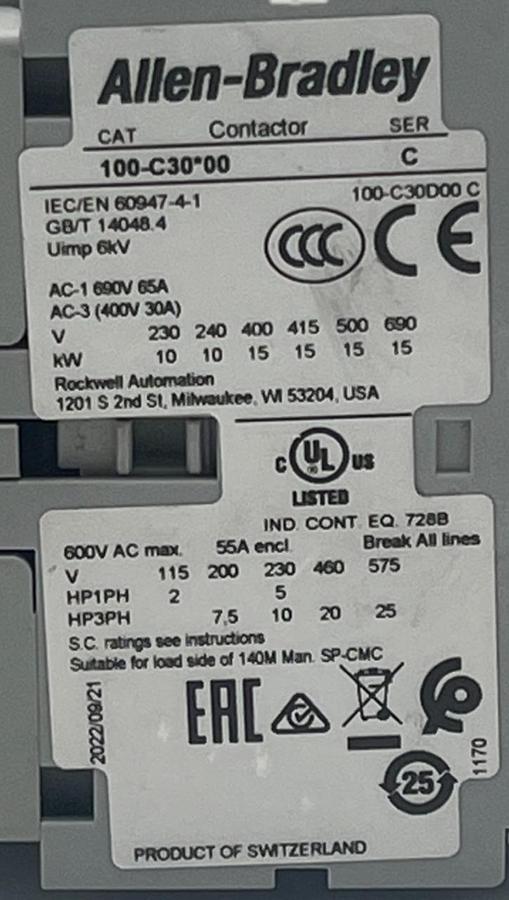 Used Allen Bradley 100-C30D00 /C IEC Contactor 30A 600V 120VAC COIL 100-C30*00 NSNP