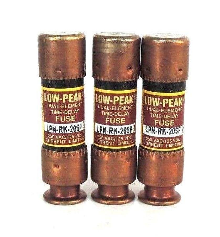 Used LOT OF 3 BUSSMAN LPN-RK-20SP DUAL ELEMENT TIME DELAY FUSES 250VAC/125VDC
