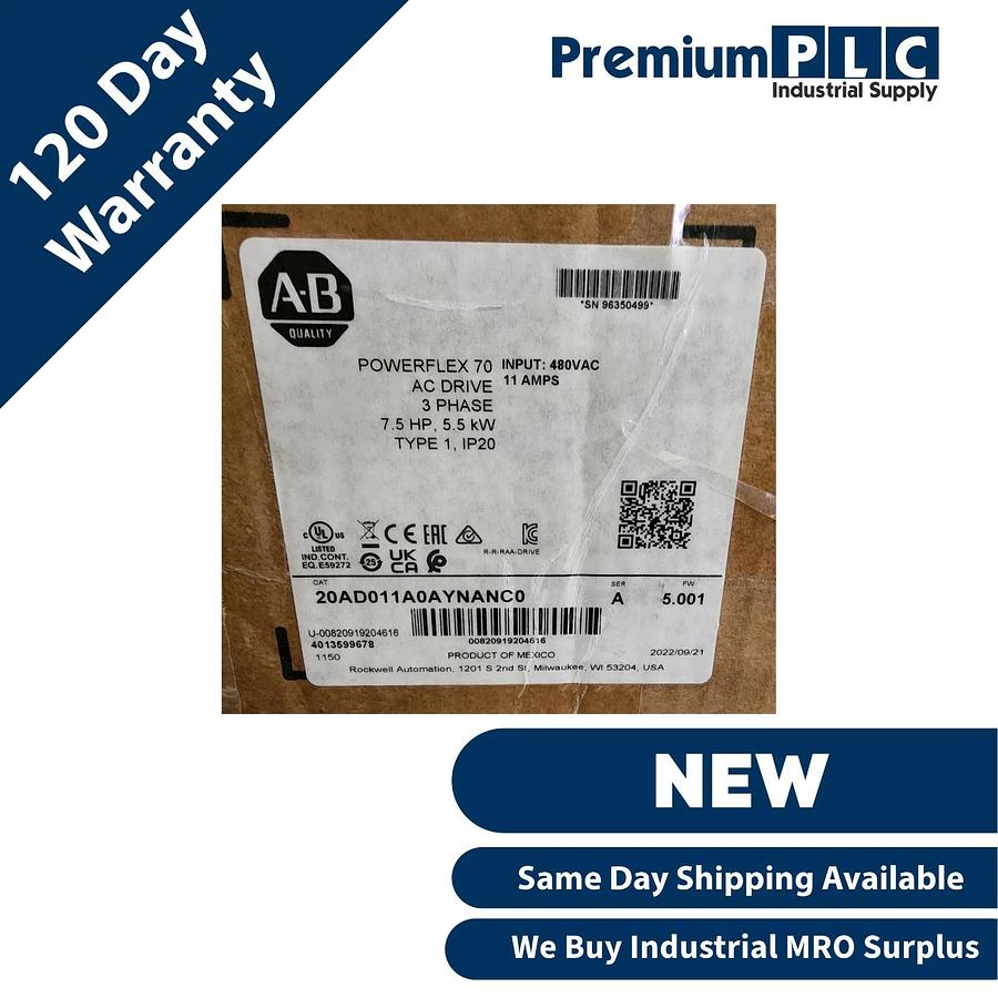 ALLEN BRADLEY 20AD011A0AYNANC0 /A POWERFLEX 70 AC DRIVE 7.5HP 480V FW 5.001 NSMP