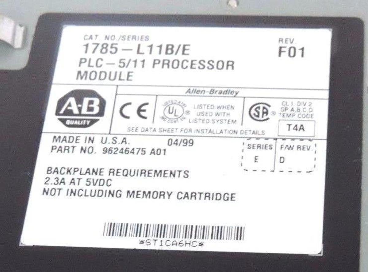 Used ALLEN BRADLEY 1785-L11B/E PROCESSOR MODULE 1785L11BE SER. E F/W REV. D