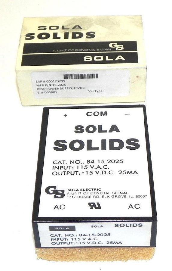 Used NIB SOLA 84-15-2025 POWER SUPPLY 84152025 15VDC 25MA 115VAC