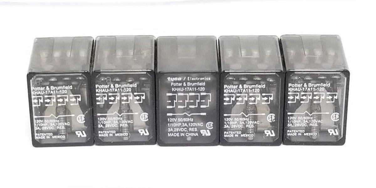 Used LOT OF 5 POTTER & BRUMFIELD KHAU-17A11-120 RELAYS, 120V 50/60HZ, KHAU17A11120