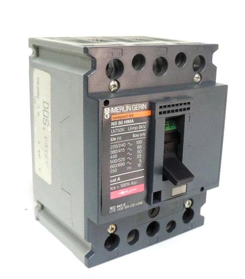 Used MERLIN GERIN NS 80 HMA CIRCUIT BREAKER 80AMP, 3POLE, 750V, NS80HMA