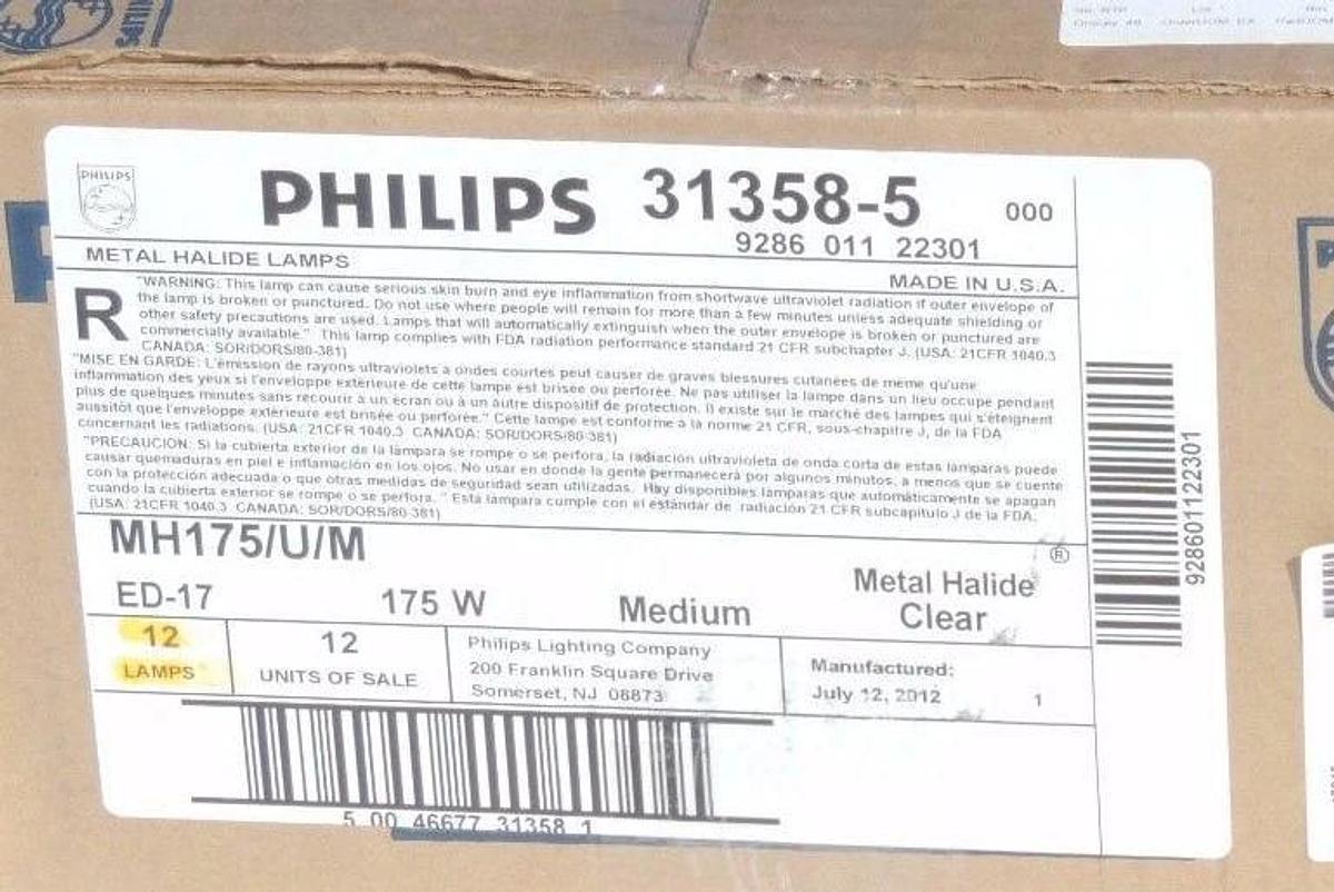 Used BOX OF 12 NEW PHILLIPS MH175/U/M METAL HALIDE BULBS ED-17 175W 31358-5