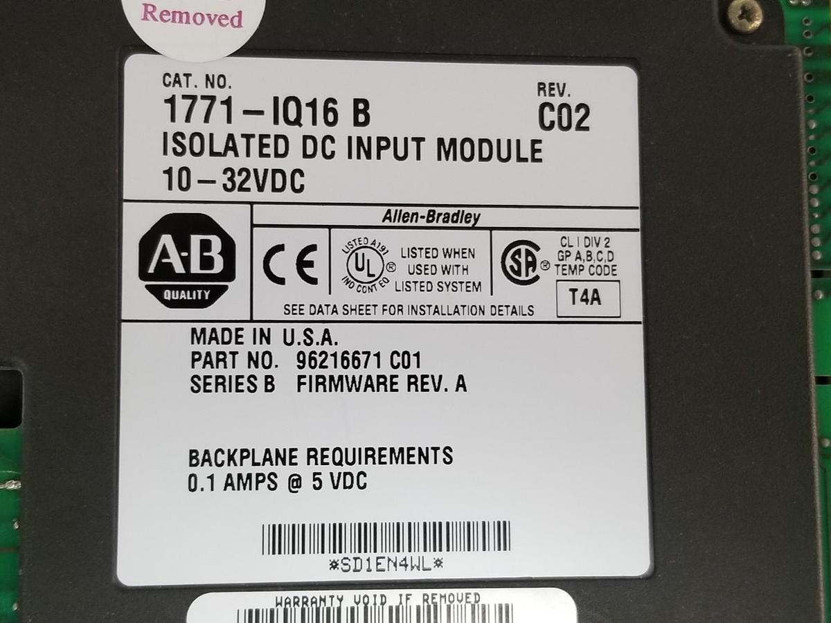 Used ALLEN BRADLEY 1771-IQ16 INPUT MODULE SER. B REV. C02 F/W. REV. A REPAIRED