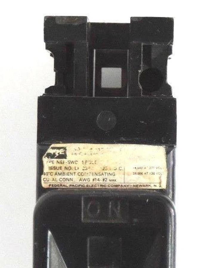 Used LOT OF 2 FEDERAL PACIFIC NEF-SWD CIRCUIT BREAKERS 15AMP 277V LK-2387 NEFSWD
