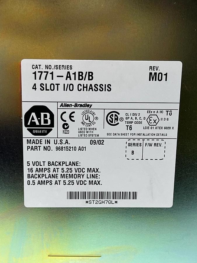 Used Allen-Bradley 1771-A1B/B Rev M01 4-Slot PLC-5 I/O Chassis Assembly 96815210 A01