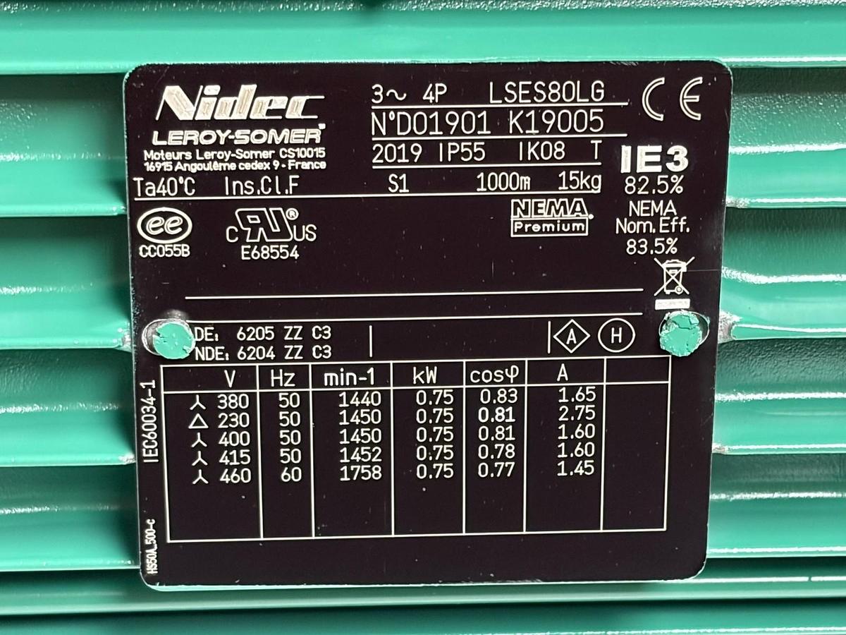 Used Nidec Leroy-Somer LSES80LG 3-Phase AC Electric Motor 0.75kW 1HP New In Box