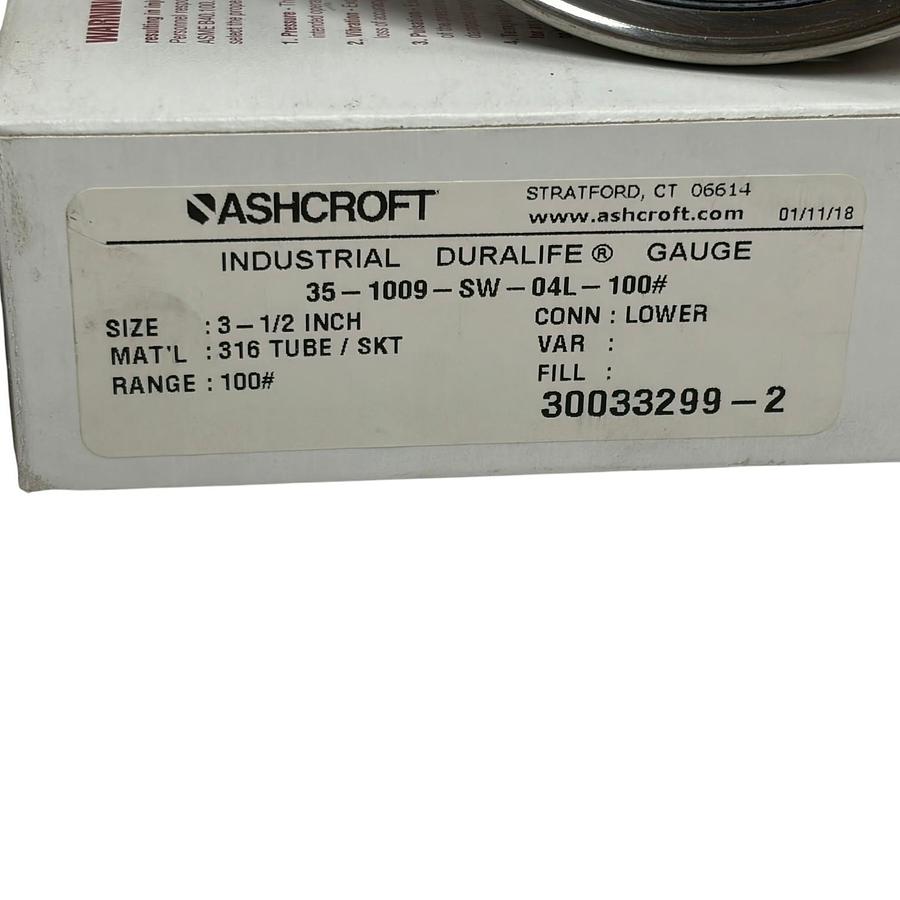 Used Ashcroft 35-1009-SW-04L-100# Duralife 3.5" Pressure Gauge 100 PSI 316SS New