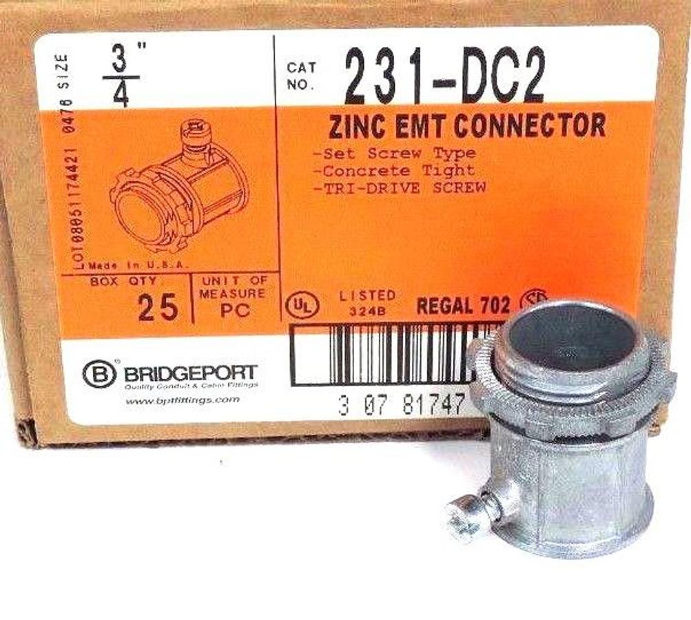 Used BOX OF 25 NEW BRIDGEPORT 231-DC2 3/4" ZINC EMT CONNECTORS 231DC2