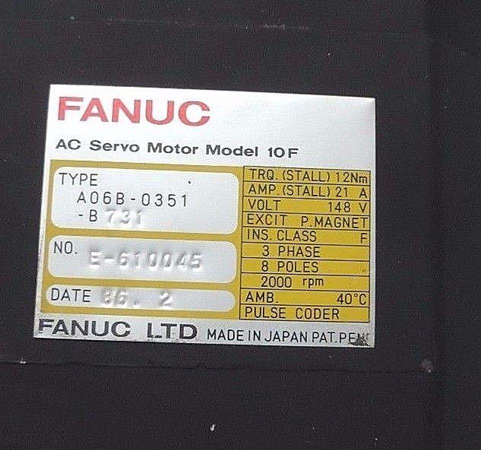 Used NEW FANUC A06B-0351-B731 AC SERVO MOTOR MODEL 10F, 21AMP, 2000RPM, 148V