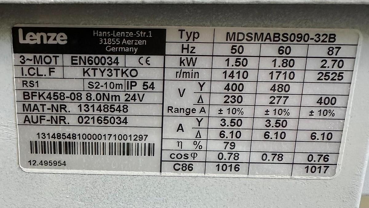 Used NEW LENZE MDSMABS090-32B AC MOTOR 1.50-2.7kW 50-87Hz 13148548 KTY3TKO EN60034