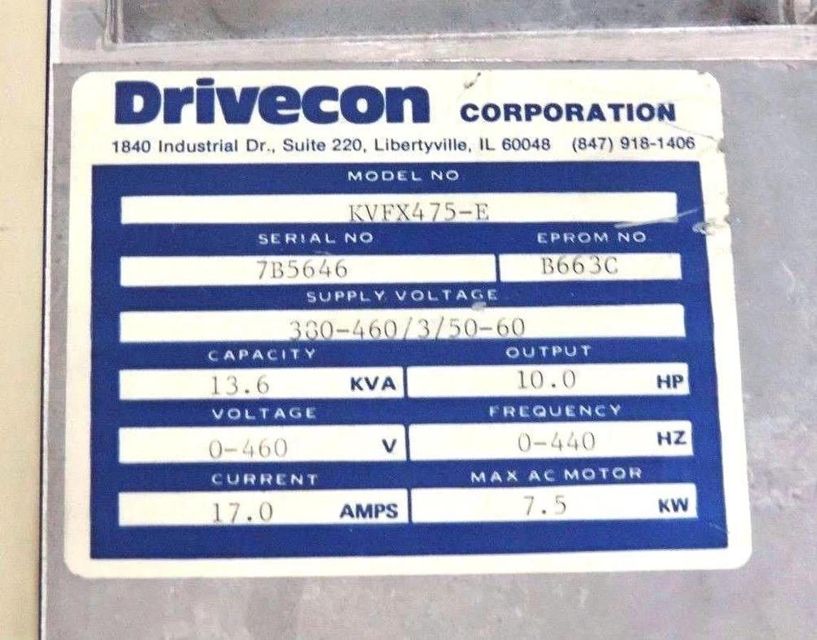 Used DRIVECON KVFX-475-E TRANSISTOR INVERTER 380/460V, 50/60HZ, 17A, 10HP, KVFX475E