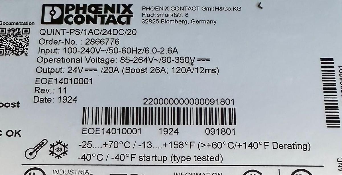 Used NEW PHOENIX CONTACT QUINT-PS/1AC/24DC/20 POWER SUPPLY 100/240V 50/60Hz 2866776