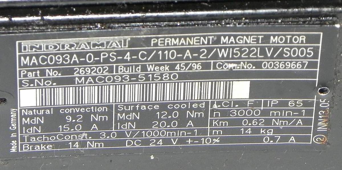 Used INDRAMAT MAC093A-0-PS-4-C/110-A-2/WI522LV/S005 PERMANENT MAGNET MOTOR