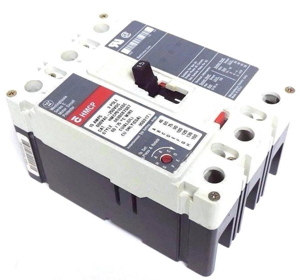 Used WESTINGHOUSE HMCP015E0C CIRCUIT BREAKER STYLE: 6630C87G07, SER. C, 15AMP, 3-POLE