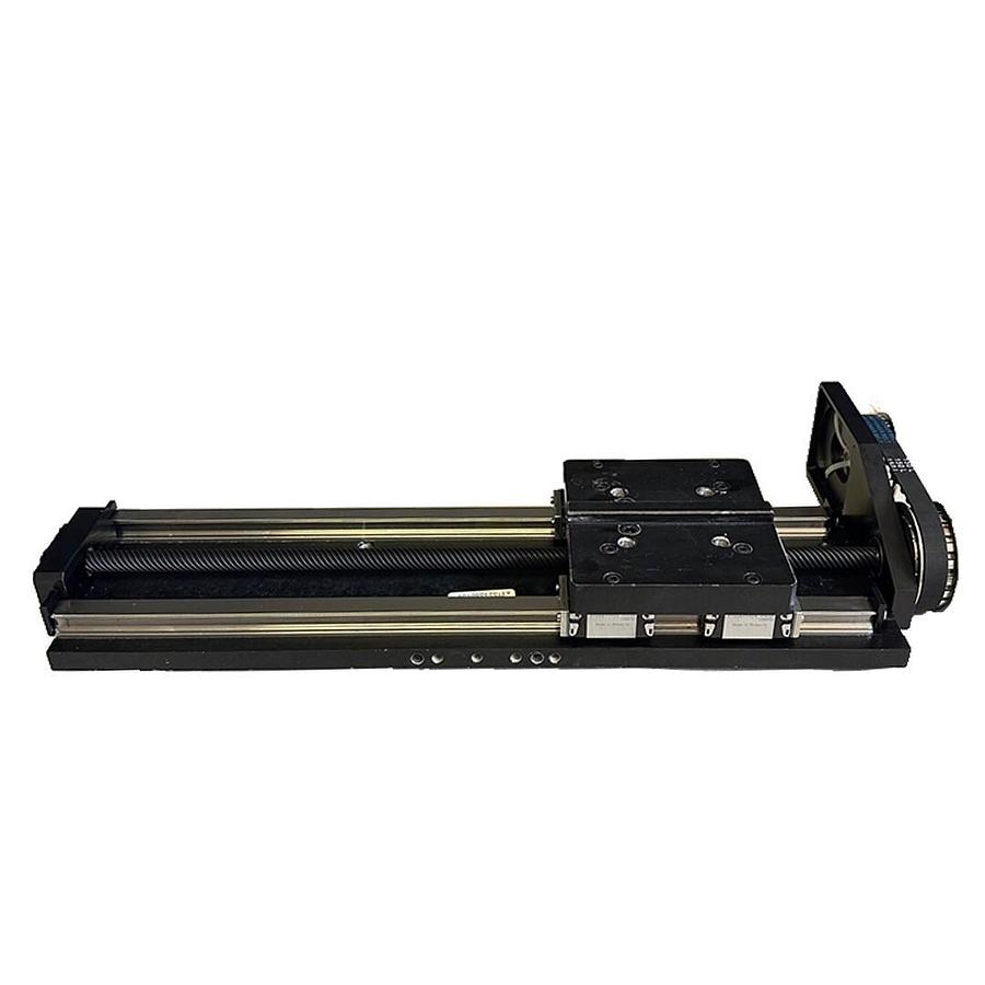 Used MACRON 10763A01 LINEAR TABLE SLIDE RAIL W/ 4 R166611420 GRIPPERS & PULLEYS, BELT