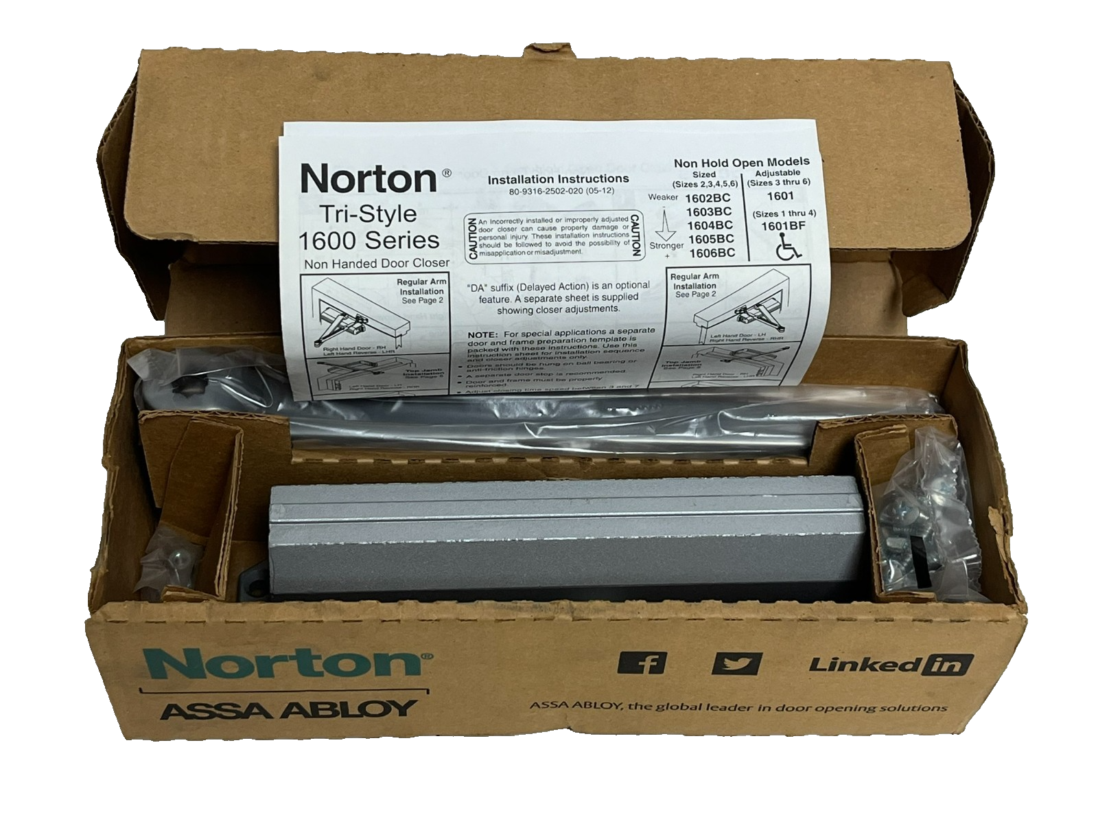 Used Norton ASSA ABLOY 1RM12 Tri-Style 1600 Series Non-Handed Door Closer New