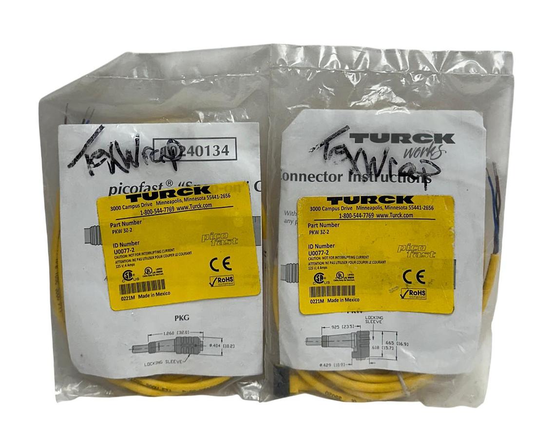 Used 2 TURCK PKW 3Z-2 / U0077-2 PICOFAST SNAP-ON CONNECTOR CABLES 2M LENGTH NSFS