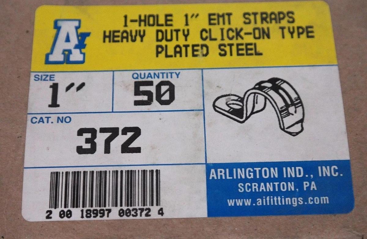 Used BOX OF 50 NEW ARLINGTON 372 HEAVY DUTY CLICK-ON EMT STRAPS 1-HOLE 1"