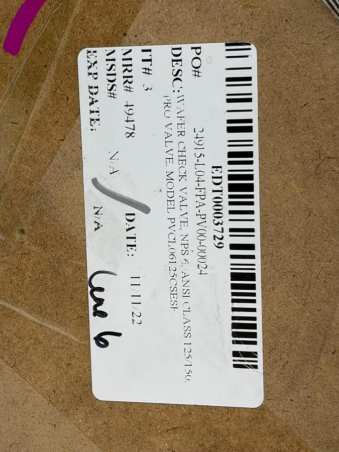 Used Pro Valve 6" Wafer Check Valve ANSI 125 DN150 PVCL06125CSESF New