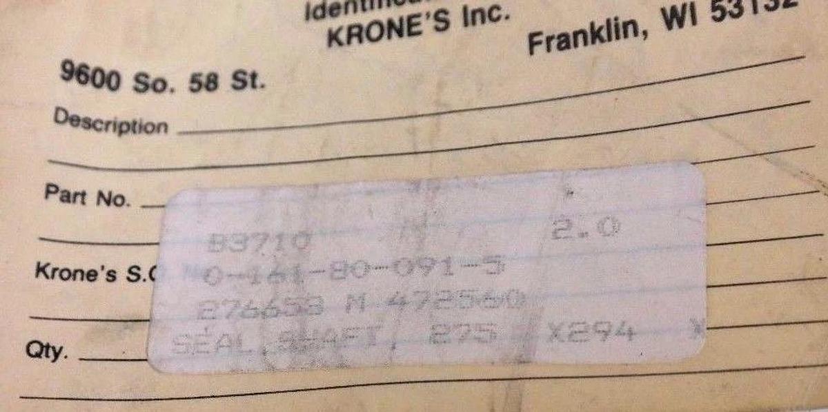 NEW KRONES 0-161-80-091-5 OIL SHAFT SEAL B 275 X 294 X 12 -NB
