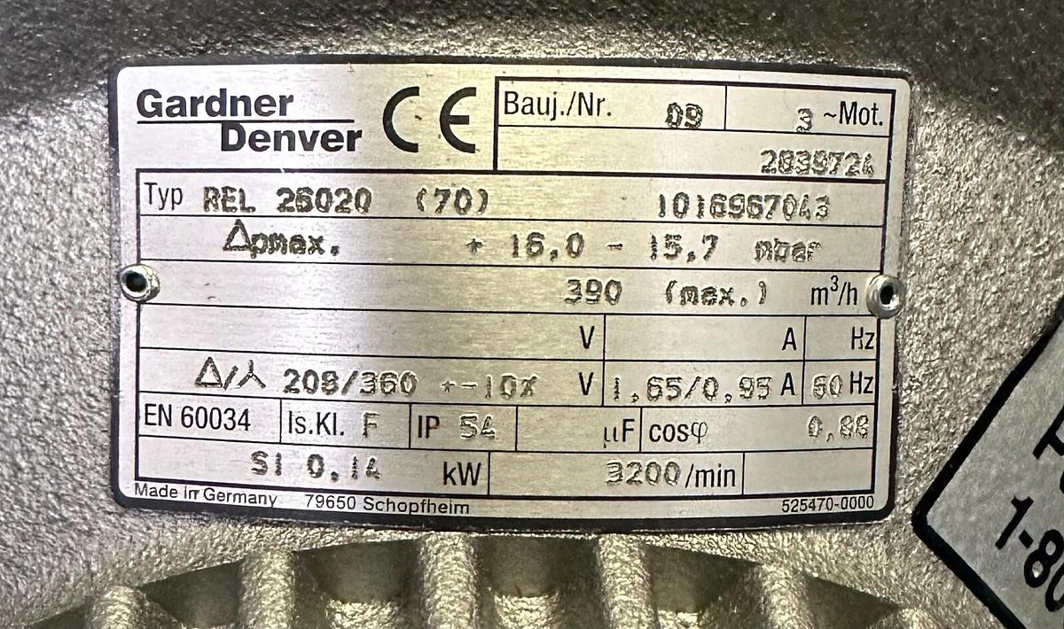 Used NEW GARDNER DENVER REL 26020 (70) VACUUM PUMP/BLOWER ASSEMBLY 1016967043 2831396