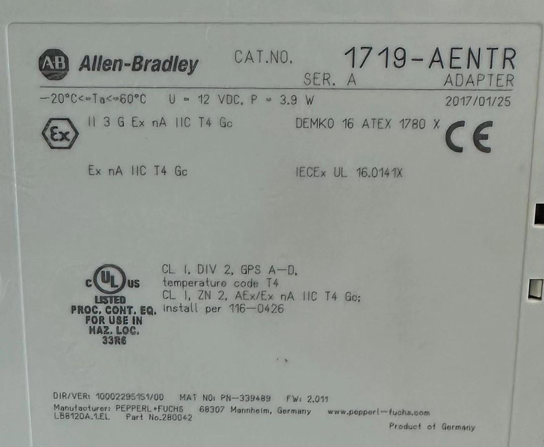 Used ALLEN BRADLEY 1719-AENTR /A EX I/O INTRINSICAL EtherNet/IP ADAPTER 1719AENTR *