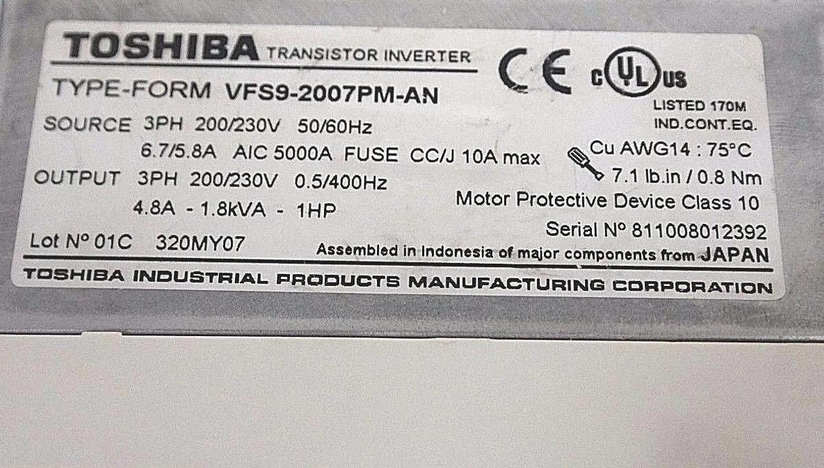 Used TOSHIBA VFS9-2007PM-AN TRANSISTOR INVERTER DRIVE VFS92007PMAN