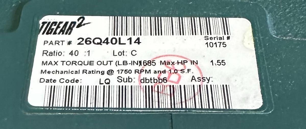 Used NEW BALDOR DODGE 26Q40L14 TIGEAR-2 GEAR REDUCER 40:1 RATIO 1.55HP 1750RPM