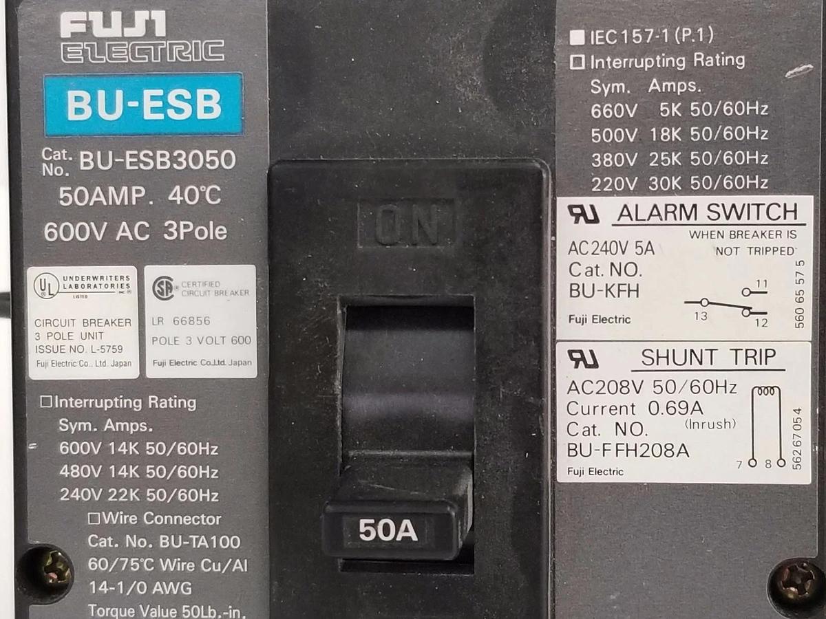 Used FUJI ELECTRIC BU-ESB3050 CURCUIT BREAKER 50A, 600VAC, 3 POLE, BU-ESB , BUESB3050