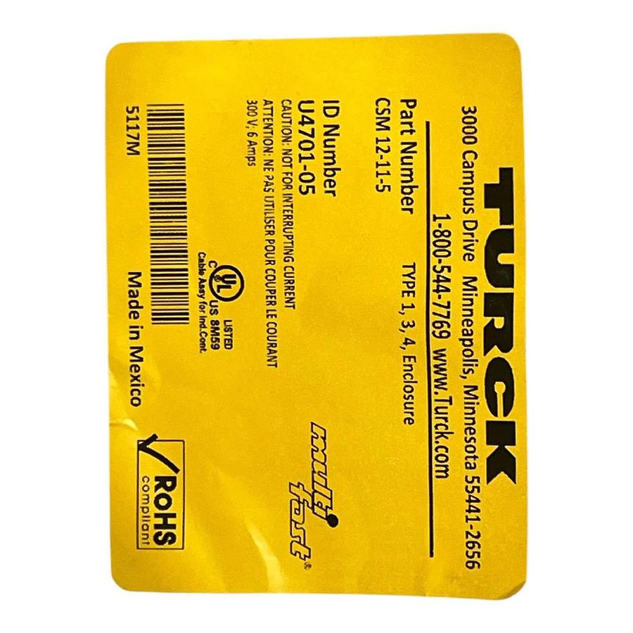 Used Turck CSM 12-11-5 Multifast Cordset 12-Pin Female M23 to Bare End 5m Sealed