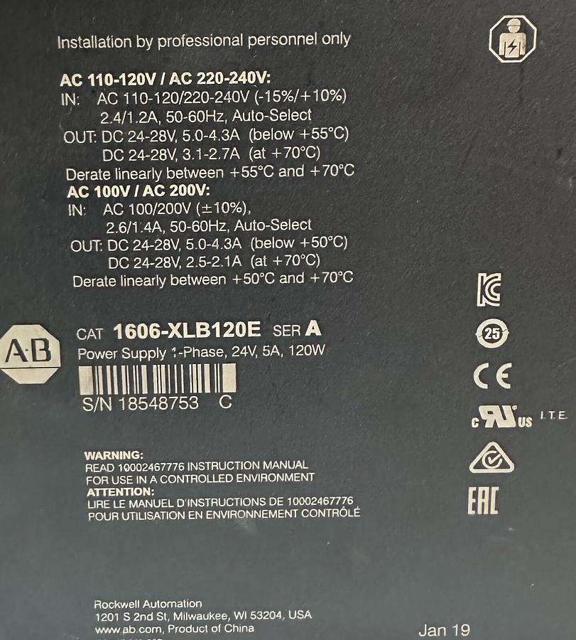 Used ALLEN BRADLEY 1606-XLB120E /A 1606-XLB POWER SUPPLY 110-120/220-240Vac 1-PH 120W