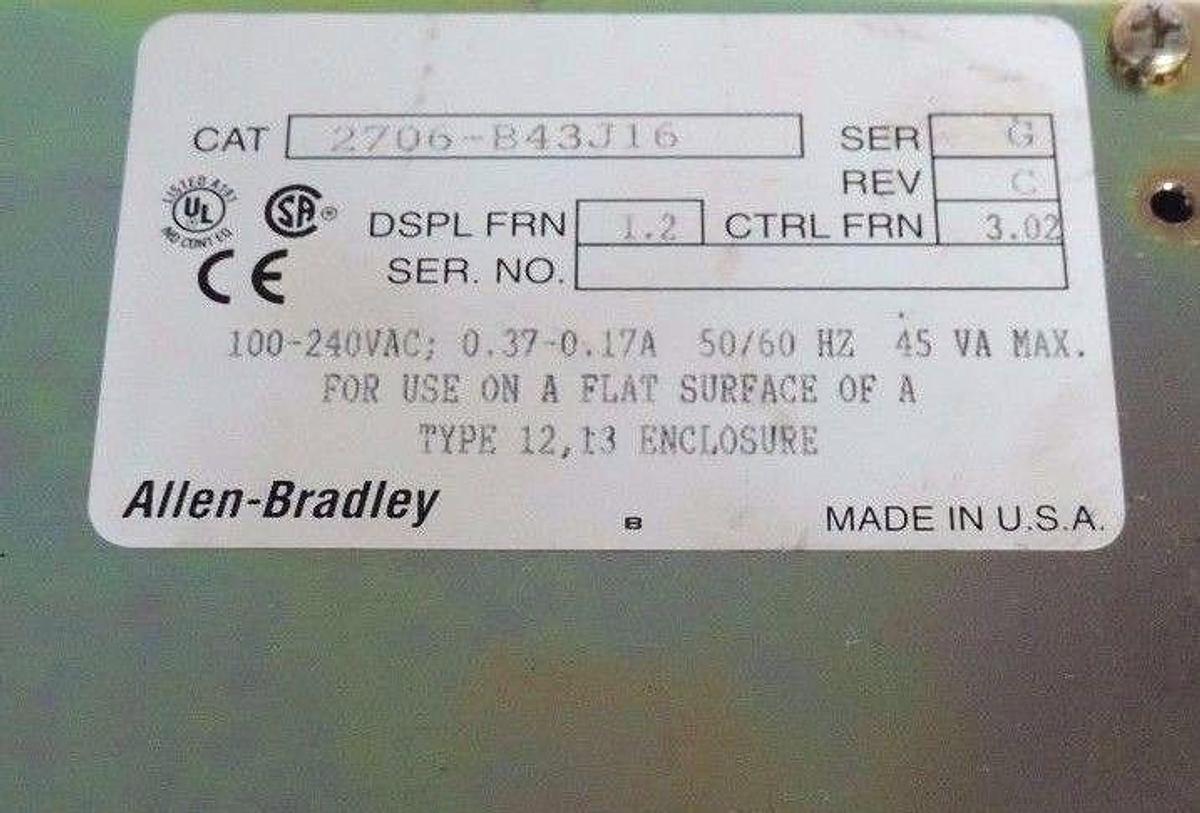 Used ALLEN BRADLEY 2706-B43J16 DATALINER 2706B43J16 SER. G REV. C DSPL FRN: 1.2
