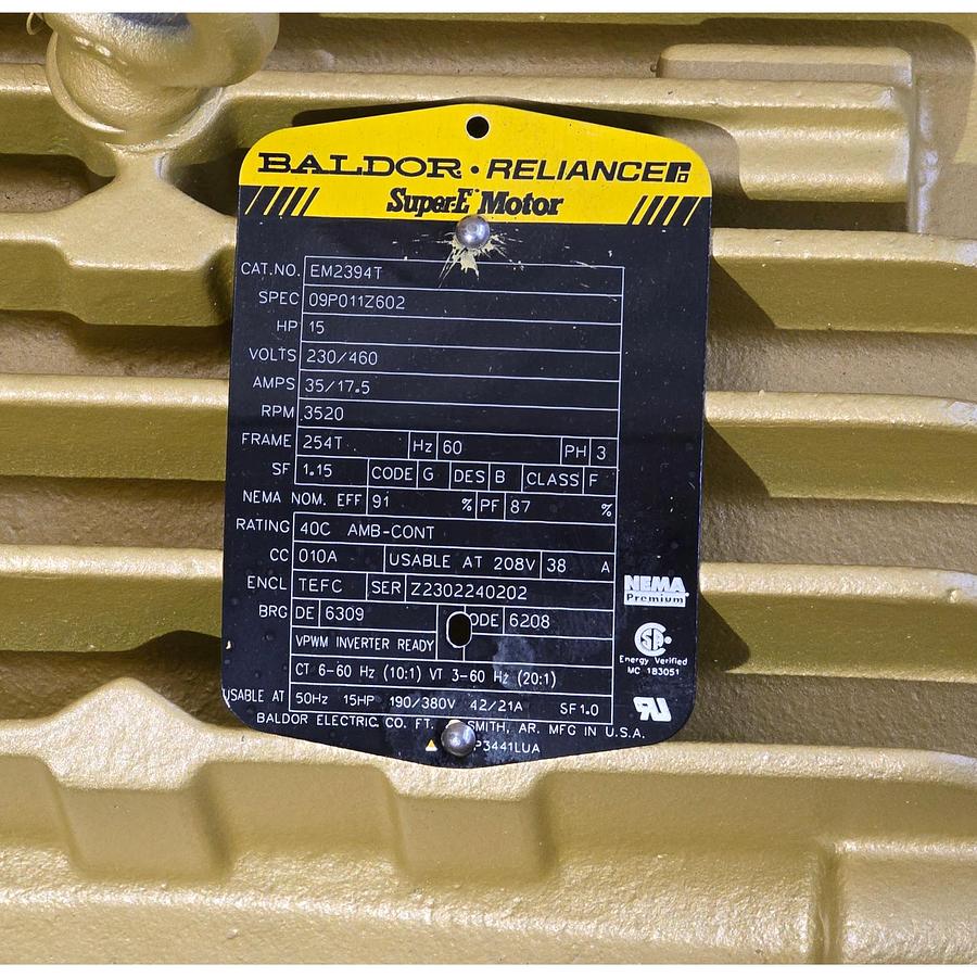 Used BALDOR ABB EM2394T SUPER-E MOTOR 15HP, 3520RPM, 3PH, 60HZ, 254T, 0930M, TEFC, F1