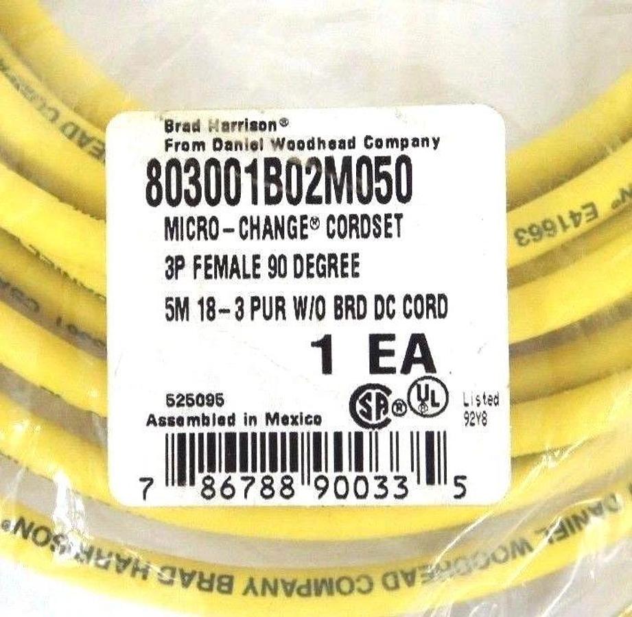 Used NEW BRAD HARRISON 803001B02M050 MICRO-CHANGE CORDSET 3P FEMALE 90 DEGREE