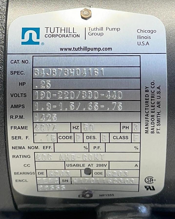 TUTHILL HTI 780-004 / 000LEV-C-A-7 ROTARY GEAR PUMP & MOTOR .25HP 3P .5GPM NSMP
