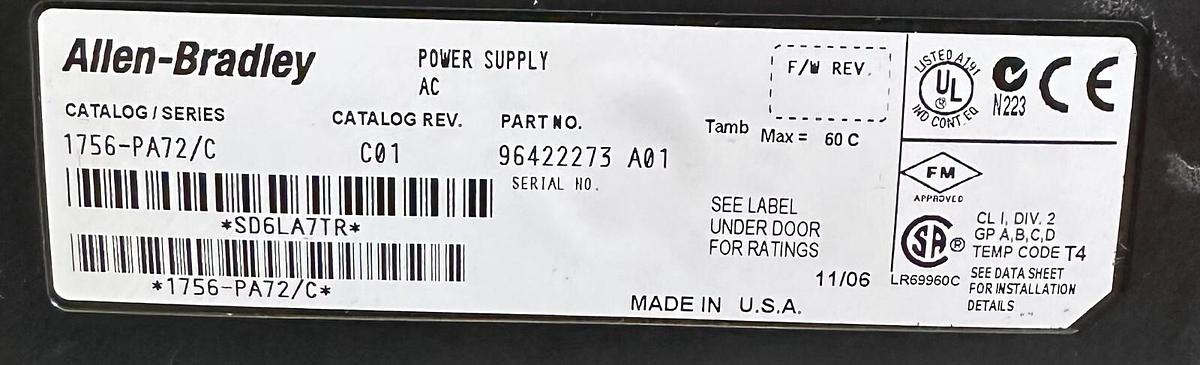 Used ALLEN BRADLEY 1756-PA72 /C ControlLogix AC POWER SUPPLY W/ 1756-A7 /C CHASSIS