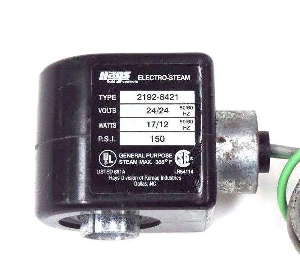 Used HAYS ELECTRO-STEAM 2192-6421 SOLENOID COIL 24V, 50/60HZ, 17/12W, 150PSI