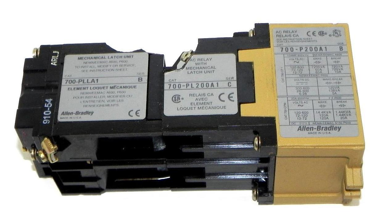 Used 2 ALLEN BRADLEY 700-PLLA1 LATCH W/ 700-PL200A1 CONTROL RELAY & 700-P200A1 RELAY