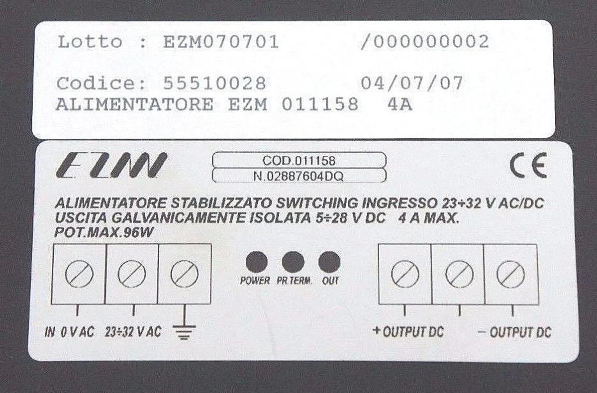Used NIB EZM COD. 011158 POWER SUPPLY N.02887604DQ ALIM.STAB.PR.TERM 4A 5-28VDC