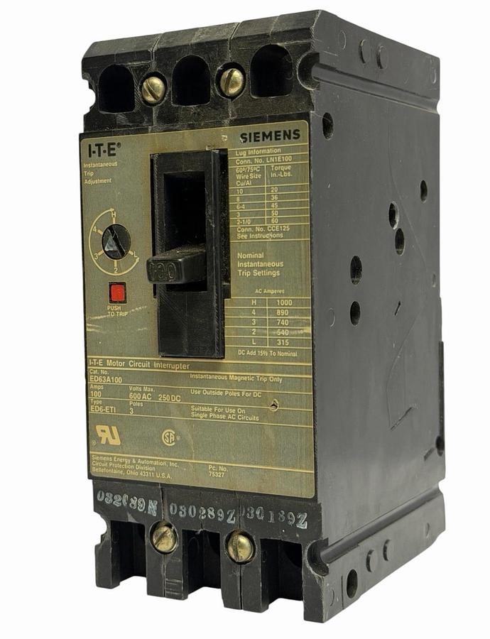 Used SIEMENS ED63A100 CIRCUIT BREAKER 100AMPS 3-POLE